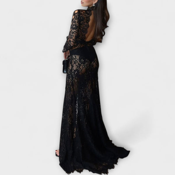 Azalee - Midnight Elegance Transparente Cutout Langarm Stretch Maxikleid