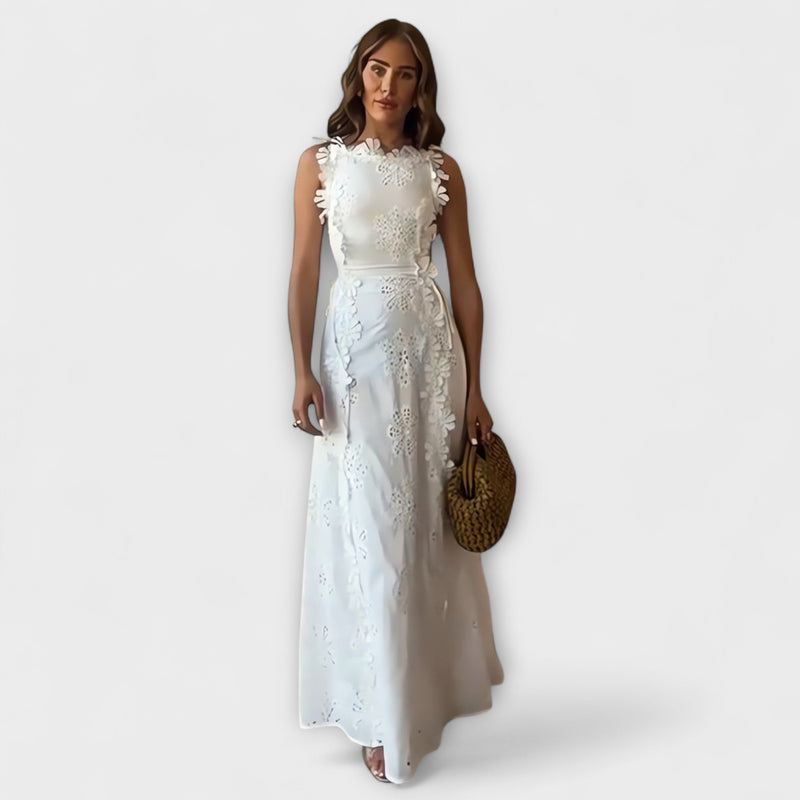 Éliora – Maxikleid mit Spitzenblumen und Bindeträgern